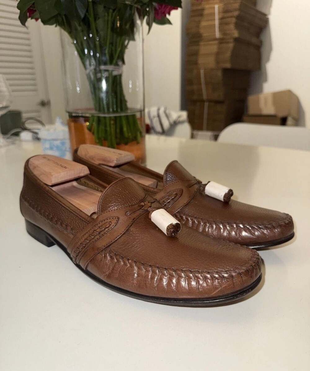 Tasso Elba Brown Pebbled Leather Tassel Loafers Size 11.5